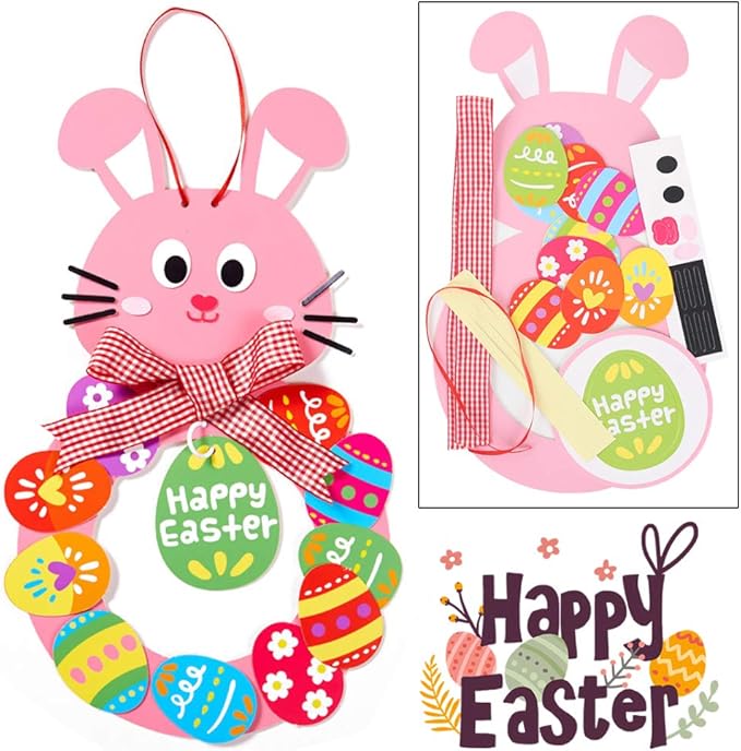 BigOtters Easter Craft Kits, 6PCS DIY Sets Including Hatching Chick Bunny Egg Easter Basket Craft Stick Sign Bunny Wreath and Rabbit Glasses for Kids Favor Classroom Daycare Homeschool Art Decor