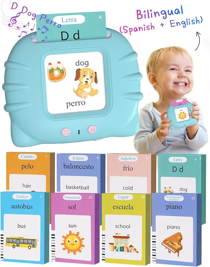 510 Words Spanish English Bilingual Talking Flash Cards, Toddler Learning Montessori Toys for Kids Ages 1 2 3 4 5 6 Year Old Daughter Son, Birthday Gifts for Boys Girls Autism Autistic Sensory Toys
