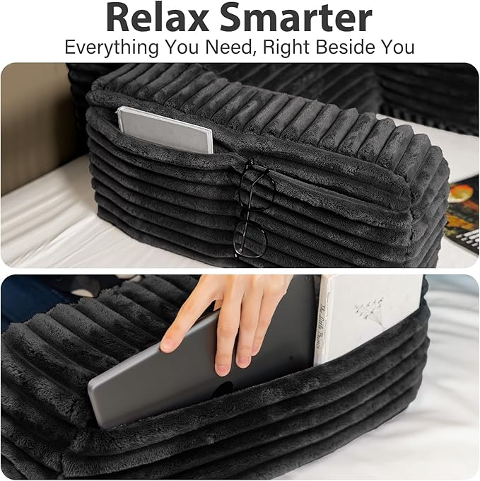 ENITYA 22" XL Ergonomic Bed Pillow for Sitting Up，Backrest Cushion for Reclining,Gaming,Resting,Watching TV,Recovery in Bed, Couch or Floor, Removable Cover, Black