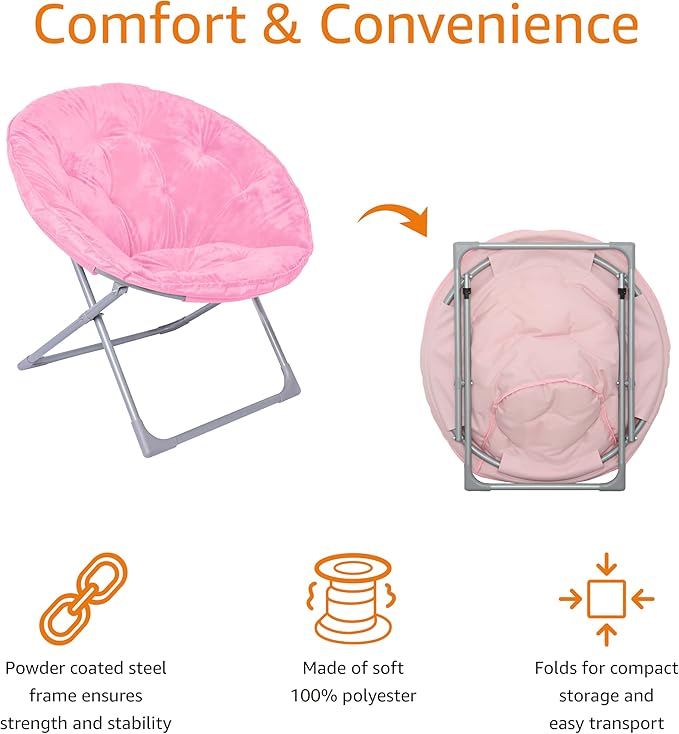 Amazon Basics Soft Faux Fur Saucer Shaped Comfortable Chair with Foldable Metal Frame, for Living Room or Dorm Room, Cozy, Pink, 27.2"D x 32.3"W x 32.3"H
