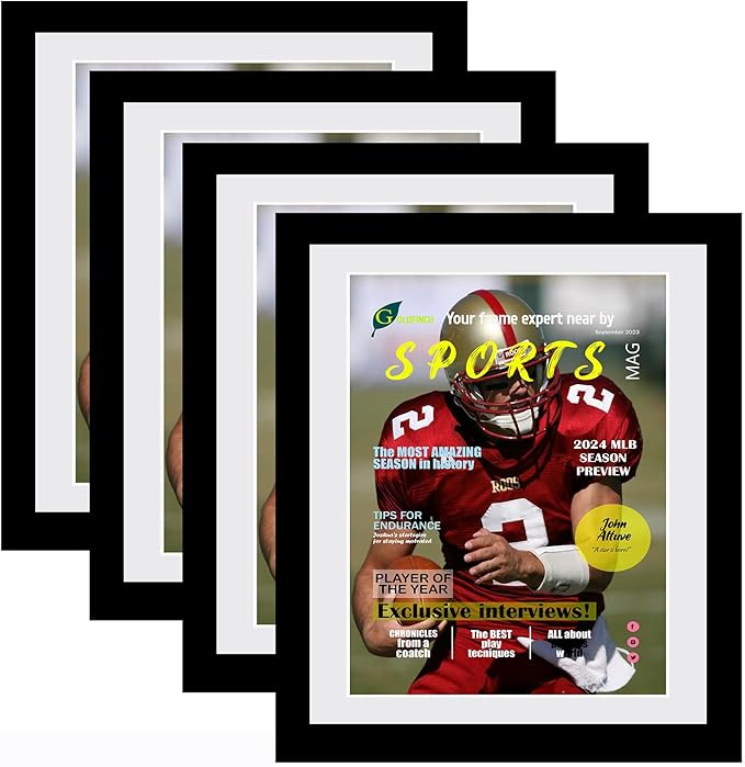 Goldfinch 4 Packs Sports Magazine Frames Displays Magazines Measuring 8 x 10.5 inches with White Core Matting,Suitable for 1994-Current Collector's Edition Sports Magazines with Installed Hangers