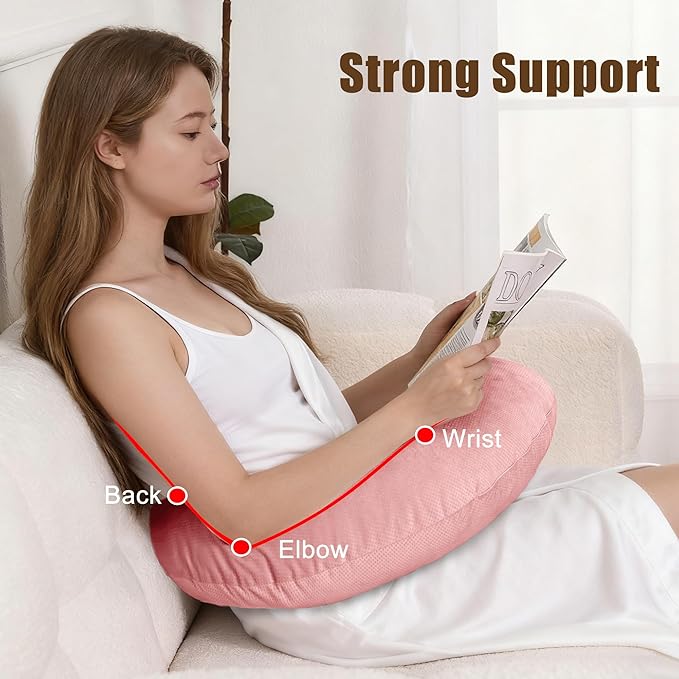 XWZO Reading Pillow for Gaming, Crocheting or Playing with Strong Arm Support, Gaming Pillow for Arm Rest When Sitting in Bed & Sofa, Lap Pillow Swen with Tiebacks and Side Pocket, Pink
