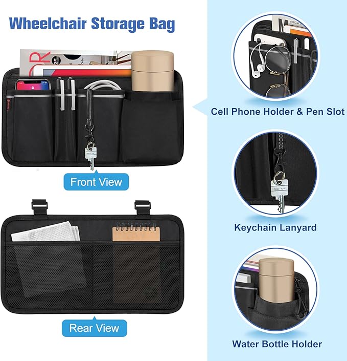 FINPAC Wheelchair Side Organizer Bag with Cup Holder, Wheelchair Armrest Accessories Pouch with Pen Slot and Reflective Strips for Power Wheelchairs, Walkers, Rollators, Adults, Seniors - Black