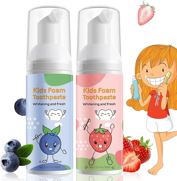 Kids Foam Toothpaste - Blueberry + Strawberry Flavor, Safe and Effective for Cleaning Teeth, Suitable for Children, 2 Pack