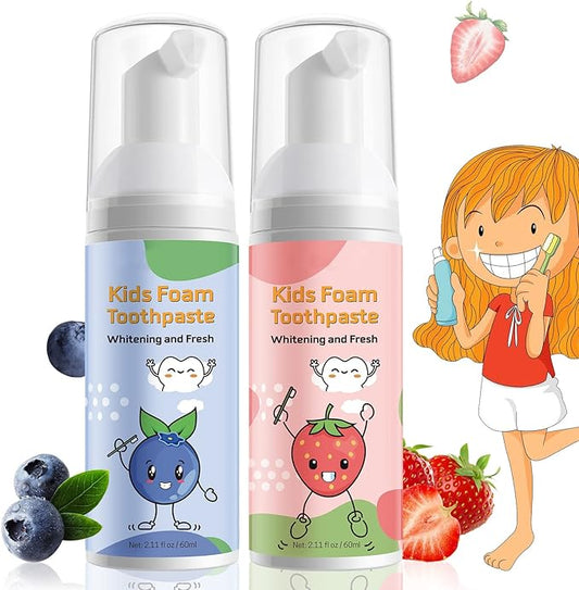 Kids Foam Toothpaste - Blueberry + Strawberry Flavor, Safe and Effective for Cleaning Teeth, Suitable for Children, 2 Pack