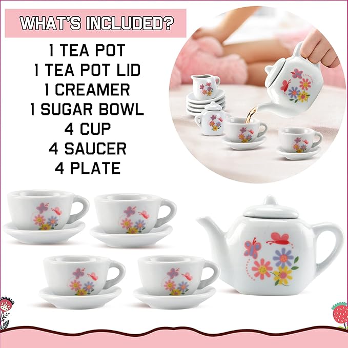16 Piece Rose Flower Miniature Porcelain Ceramic Tea Set | Kids Toy Mini Pretend Play Kitchen Decorated Playset | Small Party Accessories Teapot, Cups, Sugar Bowl and Creamer