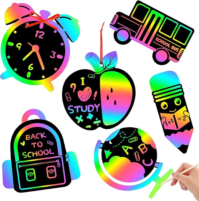 JULMELON 36 PCS Welcome Back to School Scratch Art for Kids, Back to School Crafts for Kids Rainbow Magic Scratch Paper Cards First Day of School Gifts for Students Classroom DIY Crafts Party Favors