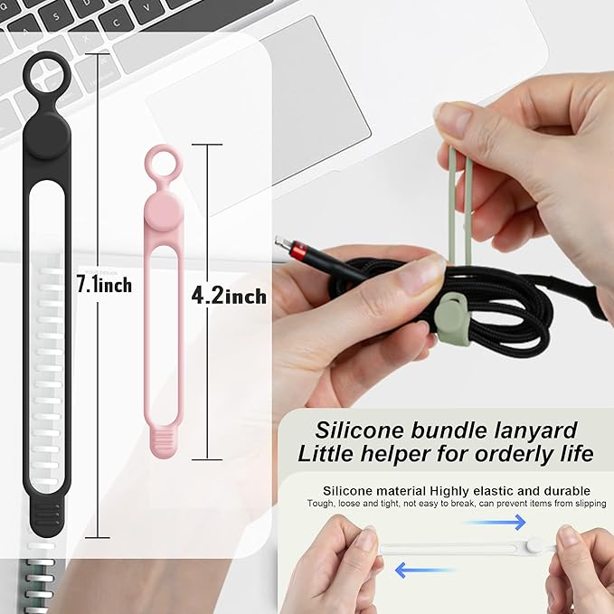 Nearockle Silicone Cable Ties Cord Organizer for Cable Management, 24PCS 4.2" and 7.1" Reusable Cable Organizer Electronic Accessories for Home, Office, Kitchen, School, Travel (4 Colors)