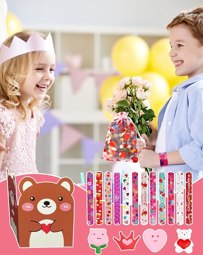 FEBALHS Party Favors for Kids, 48pcs Animal Valentines Exchange Gifts for Classroom School with Valentines Day Cards Goodie Bags Slap Bracelets Squishy Toys