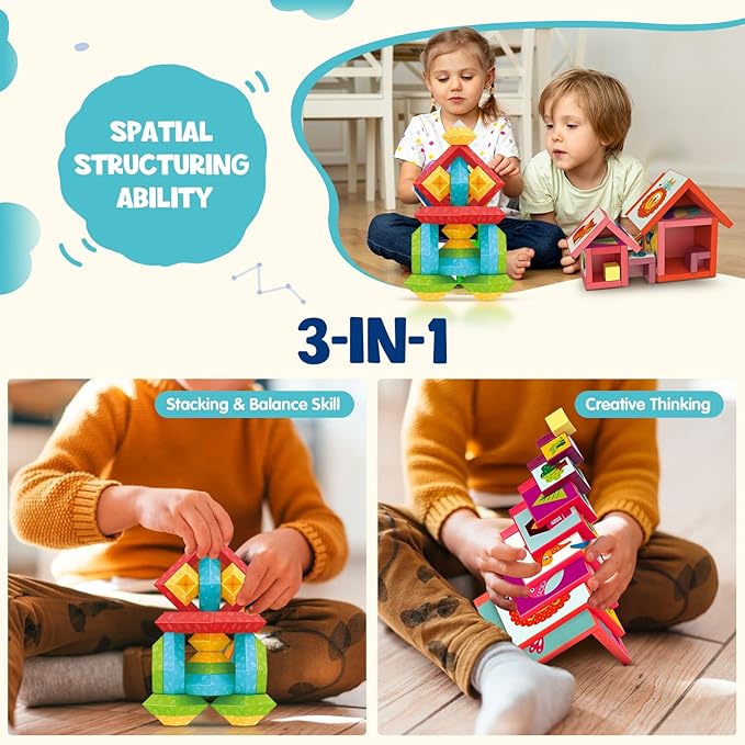 VATOS Montessori Toys Stacking Toys 3-in-1 Set for Toddlers and Kids, 49Pcs Building Blocks Preschool Sensory Toys STEM Toy for 1 2 3 4 5 6+ Years Old Baby Boys and Girls