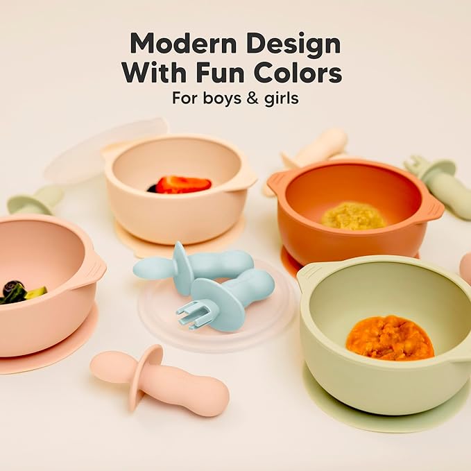 KeaBabies 4-Pack Silicone Baby Spoons and Forks Set - Baby Spoon Self Feeding, BLW Baby Utensils 6-12 Months, Baby Led Weaning Feeding Spoon, Teething Infant Baby Food Training Pre Spoon (Pastel Sky)