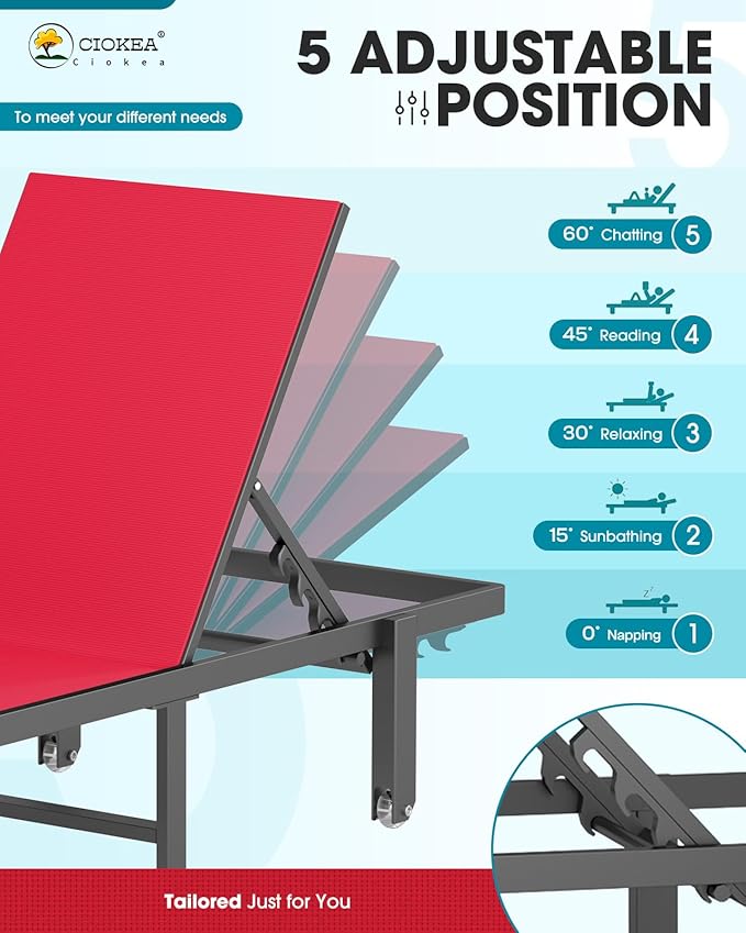 Pool Chaise Lounge Chair Set of 4, Outdoor Lounge Chairs with Wheels, 5-Position Adjustable Sun Loungers for Outside, Deck, Beach, Red