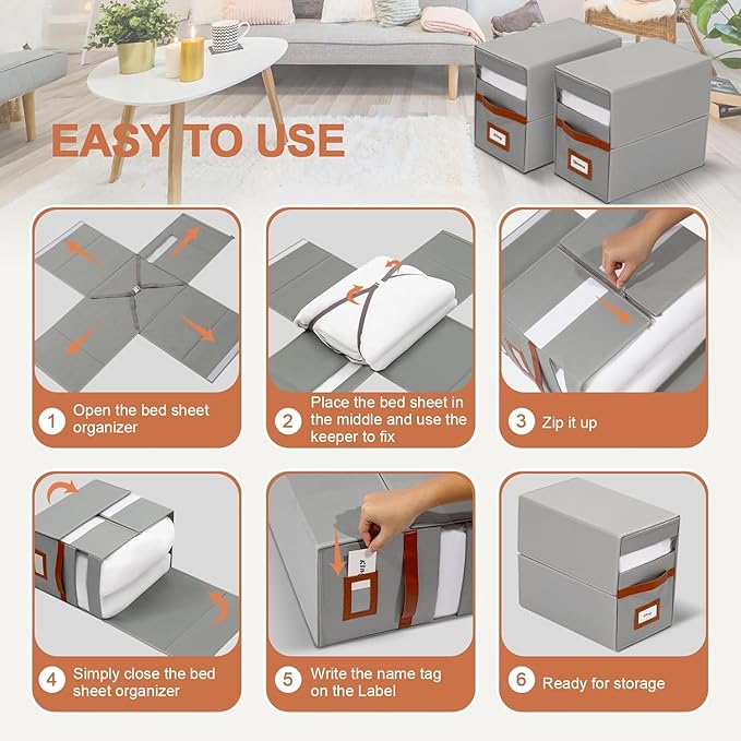 4 Pack Bed Sheet Organizer, Extra Large Foldable Linen Closet Organizer and Storage with Oxford Fabric, Clear PVC Window & Leather Handle – Storage for Bedding, Blankets, Duvet Cover Set, Quilt