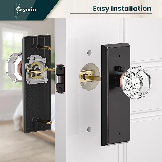 Glass Door Knobs for Interior Doors - Vintage Crystal Privacy Bedroom & Bathroom Door Knob with Lock - Diamond Cut Door Handle - Oil Rubbed Bronze Finish (1 Pack)