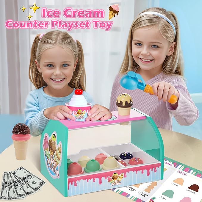 Ice Cream Counter Playset for Kids, Ice Cream Shop Toys, Pretend Play Toys, Play Food Scoop and Serve, Toddler Girls and Boys Ages 3+