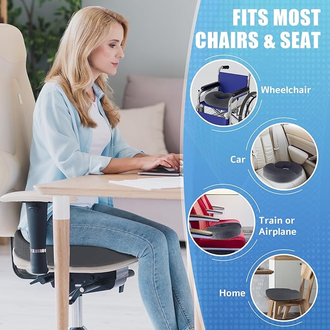 BlissTrends Donut Pillow Seat Cushion, Donut Chair Cushions for Postpartum Pregnancy & Hemorrhoids, Tailbone Pain Relief Cushion, Memory Foam Lifting Cushions for Office & Home Chairs (Grey, X-Large)