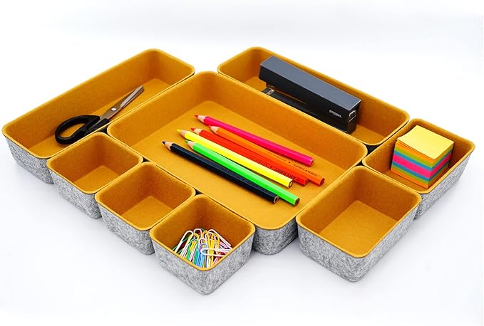 Welaxy Felt Desk Drawer Organizer Trays, 8-Piece Storage Bins for Office Supplies, Entryway Catchall, Makeup & Decluttering (Curry)