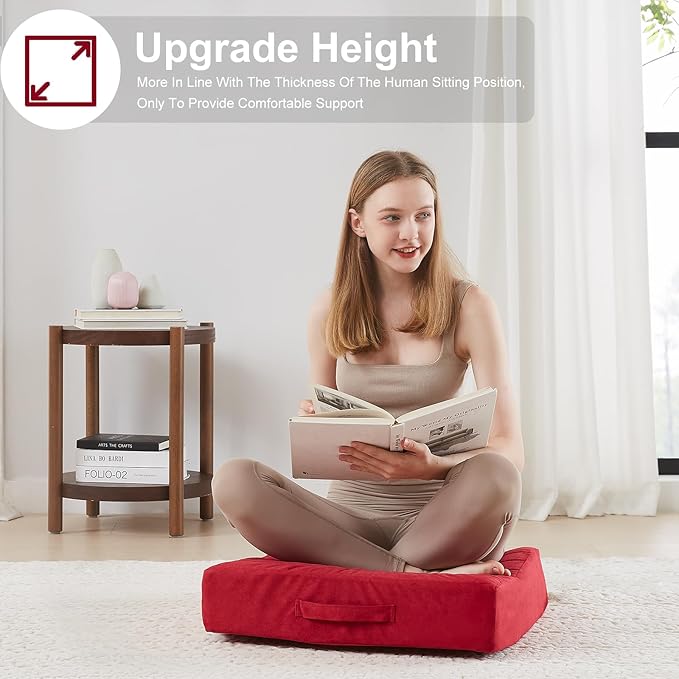 22 inches Floor Pillow for Adults - Large Meditation Cushion with Thick Foam & Soft Tufted Cover - Premium Outdoor Square Floor Cushion Seat - Yoga Pillows for Sitting On Floor - Burgundy