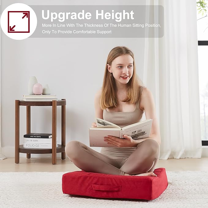 2 Pcs High Density Foam Floor Pillow - Upgraded Large Pillows Seating for Adults - Outdoor Floor Cushion with Soft Tufted Cover - Yoga Pillows for Sitting On Floor - 22 Inch Burgundy