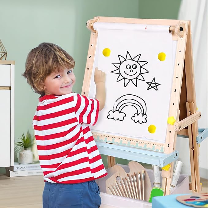 Kids Easel with Paper Roll Wooden Art Easel Height Adjustable Standing Easel with Bead Numbers Alphabet Animal Accessories Double-Sided Whiteboard & Chalkboard for Boys Girls 3 4 5 6 7 8