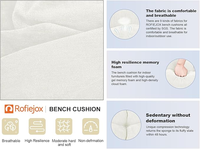 Bench Cushion 36 Inch - Chenille, High-Density Memory Foam, Non-Slip Bottom, Soft Durable Indoor Tufted Long Seat Cushion for Window Garden Furniture (White, 36x14x4 Inch)