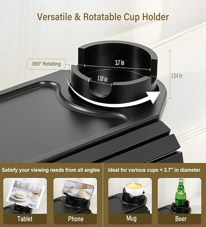 Couch Arm Tray, Bamboo Sofa Table for Couch, Sofa Arm Tray with Cup Holder, Non-Slip Armrest Organizer for Drink, Cup, Snack, Control, Easy to Clean, Black