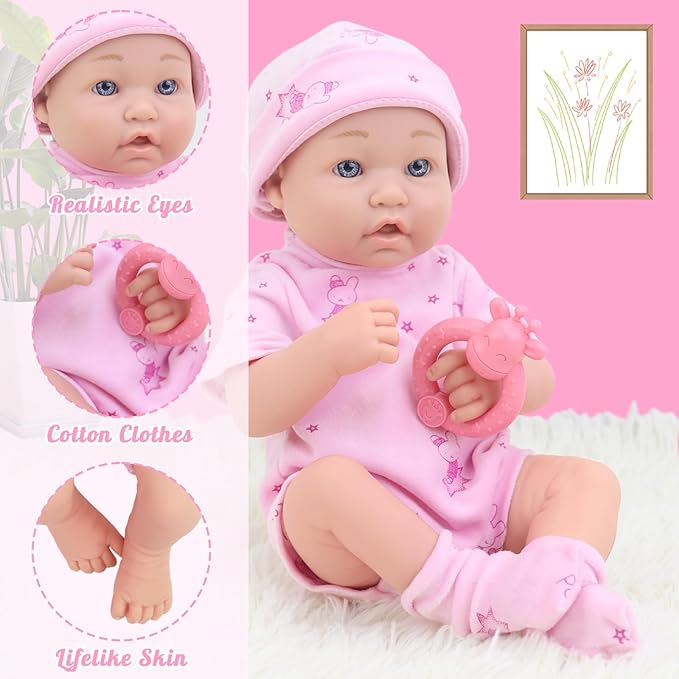 14 Inch Baby Doll with Clothes and Accessories Set, 12 Pcs Baby Doll Reborn Clothes and Accessories Include Alive Doll Clothes,Hat,Soft Doll Shoes and Socks,Ringing Toy,Bracelet,Feeding Bottle