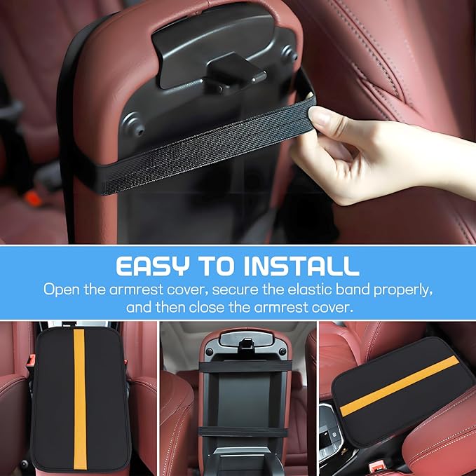 wuyaoyao Car Center Console Cover, 12.6"×7.87" PU Leather Armrest Cover for Cars, Stylish Auto Armrest Cushion Pad, Waterproof Vehicle Arm Rest Protector, Interior Car Accessories (Black+Orange)