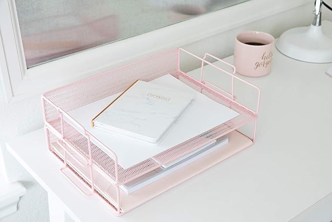 BLU MONACO Pink Mesh Paper Tray – Set of 2 Stackable Letter Trays – Durable Metal Desk Organizer for Home, Office & School – Stylish Document Holder, File Storage, and Workspace Organizer