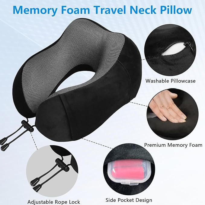 WeiTrust Travel Neck Pillow with Memory Foam - Ergonomic Support, Adjustable Buckle, Includes Eye Mask & Ear Plugs, Machine Washable Cover for Flights, Car & Office(Black)