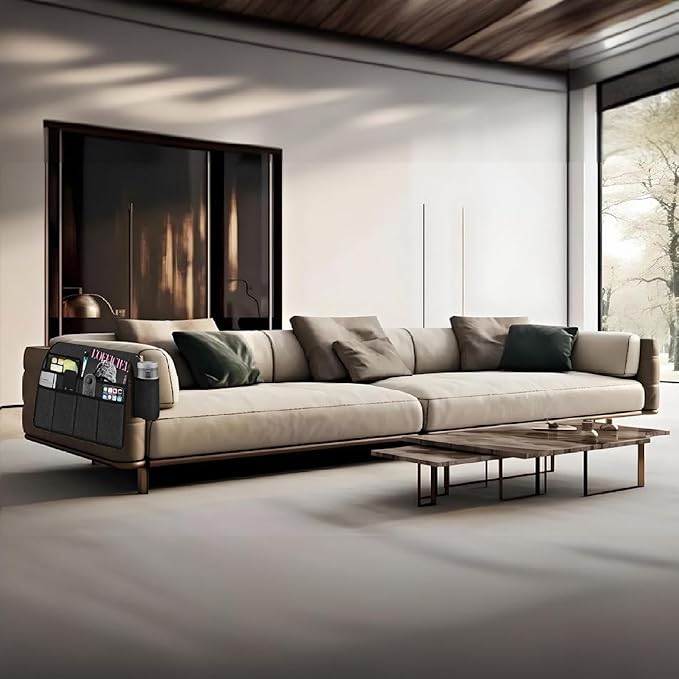 Ntomtuex Sofa Armchair Caddy Remote Control Holder with Water Bottle for Couch Recliner, Armrest Organizer with 7-Pocket Design for Magazines, Eyeglasses, iPad, Phone, Dark Grey