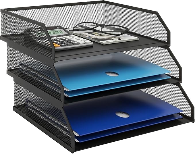 Natwind 3-Tier Stackable Paper Tray, Metal Mesh Desktop Organizer, A4 Paper Sorter, Letter Trays,File Folder Sorter Organizer with Sliding Tray for Home, Office, School (Black)