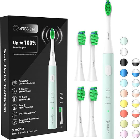 ARISSON Sonic Electric Toothbrush for Adults and Kids, 40,000 VPM Power Toothbrush, 1.5H Fast Charge Ultrasonic Electric Toothbrushes with 2 Minutes Smart Timer, White on Powder Blue