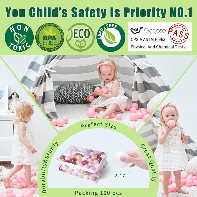 GOGOSO Pink Balls for Ball Pit - Pack of 100 Ball Pits Ball Pink, BPA Free Plastic Ball Toys Crush Proof Ocean Balls Phthalate Free for Girls Toddlers Indoor Outdoor - Pearl Pink Colors
