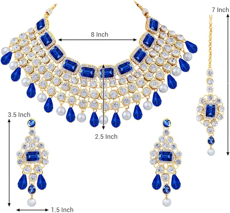 Aheli Kundan and Simulated Colored Stones Indian Ethnic Maang Tikka Necklace and Earrings Set Bollywood Festive Statement Jewelry Gift for Women