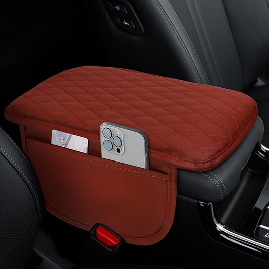 ongfuwu Car Center Console Cover, 12"×7.87" Waterproof Leather Auto Armrest Cover Protector with 2 Pocket, Comfortable Arm Rest Box Cushion Pad, Universal Interior Car Accessories (Wine Red)