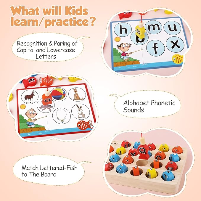 Torlam Magnetic Wooden Fishing Game Toy for Toddlers, Fine Motor Skill Toy ABC Alphabet Learning for Toddlers, Montessori Letters Cognition Preschool with 2 Pole and 8 Activity Cards