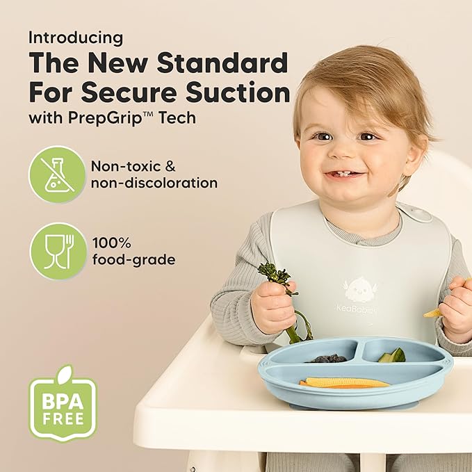 KeaBabies Suction Plates for Baby, Toddler - 3-Pack 100% Silicone Toddler Plates, Divided Baby Plates with Suction, Silicone Plates for Baby, Kids, BPA-Free, Microwave, Dishwasher Safe (Alps)