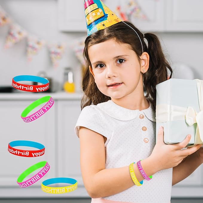 48 Pieces Rubber Bracelets for Happy Birthday Gift Silicone Stretch Wristbands Colored Silicone Bracelets for Birthday Party Supplies (Mixed)