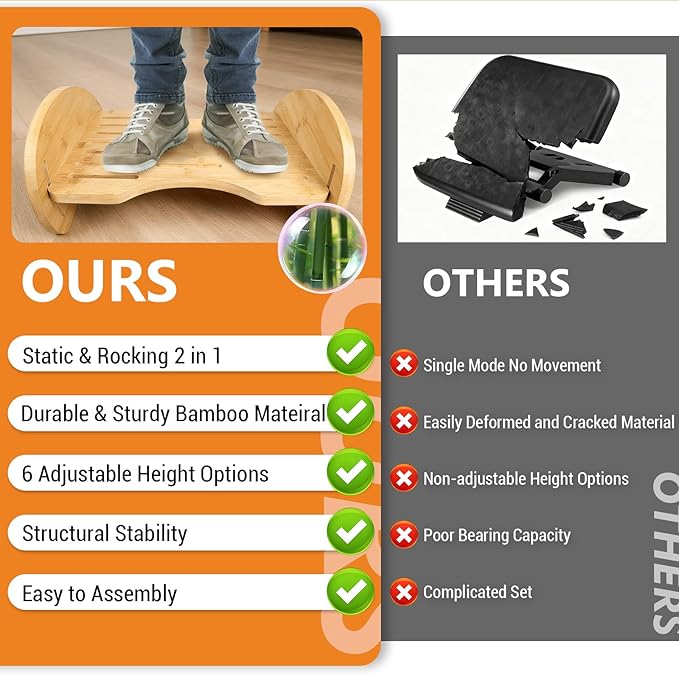 Bamboo Foot Rest for Under Desk at Work - Reversible Rocking Under Desk Footrest 2-in-1 with 6 Adjustable Heights, Ergonomic Foot Rest Under Desk with Anti-Slip Surface for Home, Office and Gaming