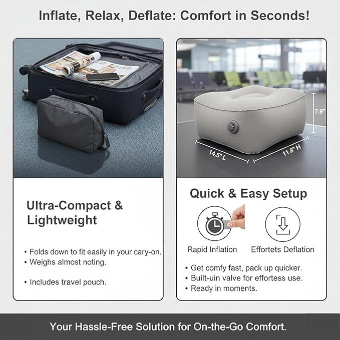 Inflatable Foot Rest, Carseat Inflatable Foot Rest Pillow, Airplanes Inflatable Foot Rest Cars, Travel Footrest Pillow for Home Office,Trains (Grey, 14.5" L×11.8" W×7.9”H)