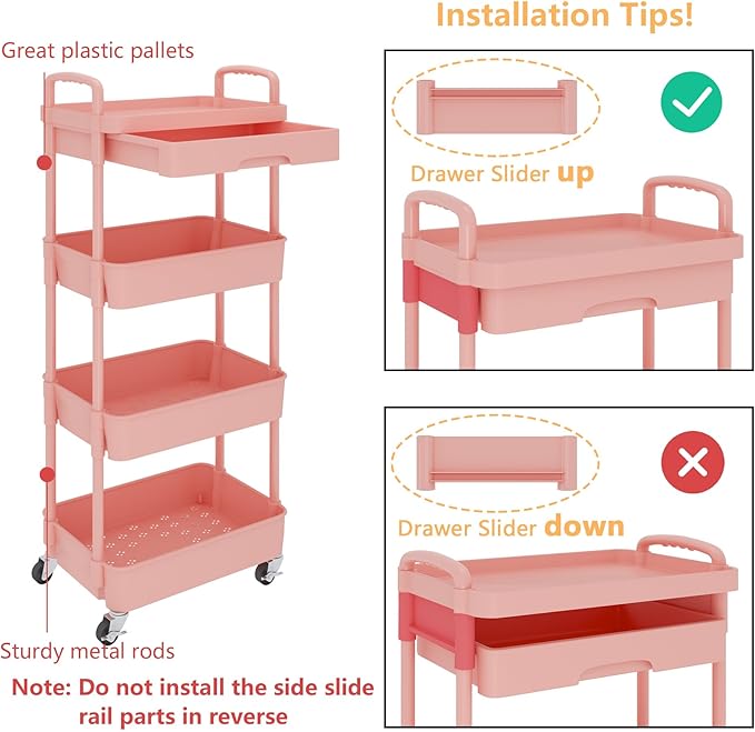Calmootey 4-Tier Rolling Utility Cart with Drawer,Multifunctional Storage Organizer with Plastic Shelf & Metal Wheel,Storage Cart for Kitchen,Bathroom,Living Room,Office,Pink