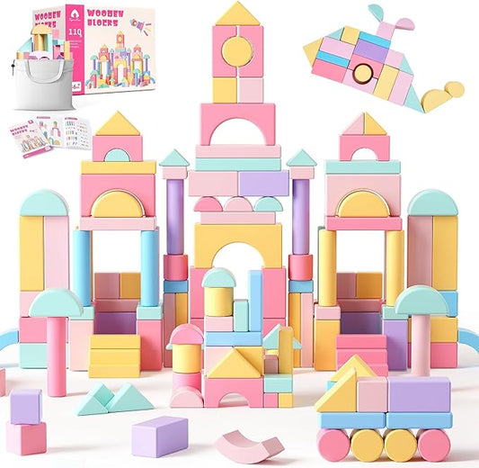 VigorFun 110 PCS Wooden Building Blocks Set - Construction Stacking Toy with Storage Bag, Montessori Preschool Toys for Toddlers Kids Birthday Gifts Ages 3+
