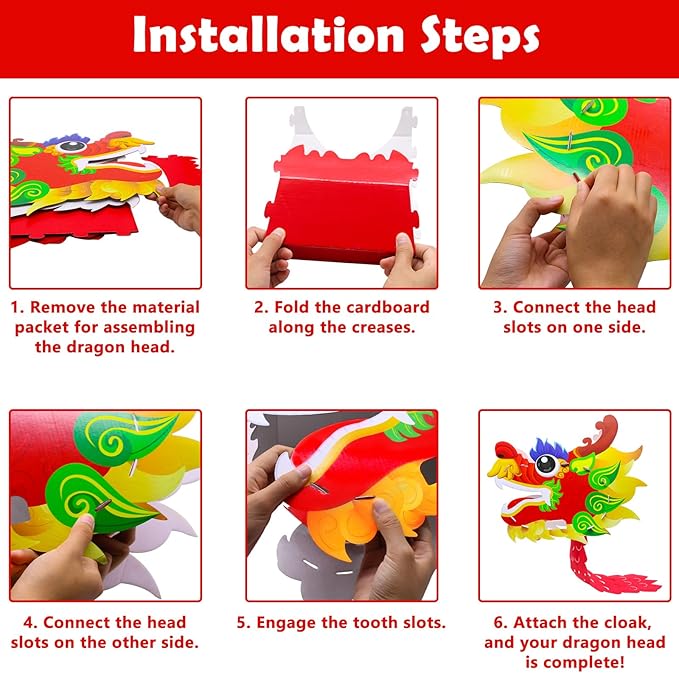 2 Pack Chinese Dragon Dance Head, DIY Assembly Interesting Educational Kids Cardboard Dragon Head, Wearable Dragon Head