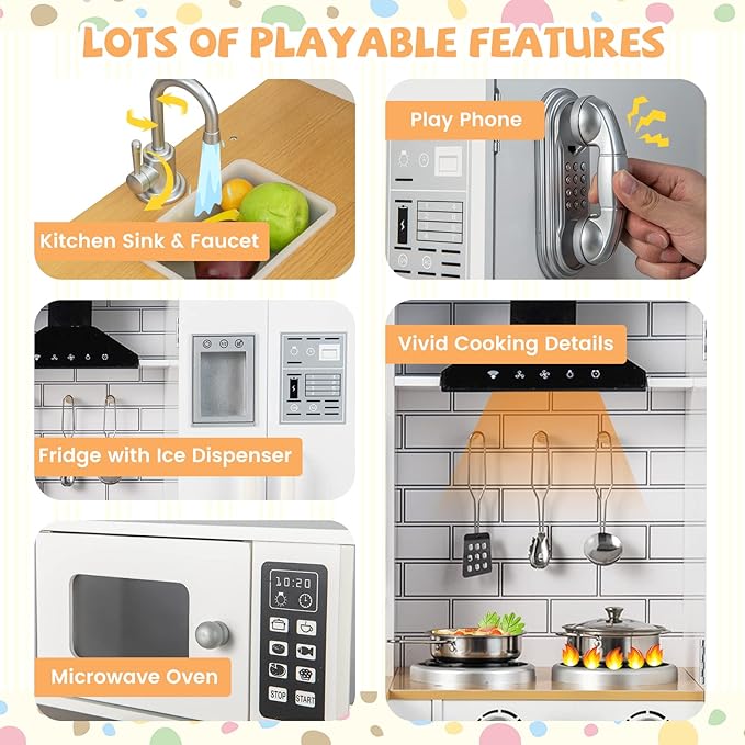 HONEY JOY Corner Kids Kitchen Playset, Little Chef Wooden Play Kitchen for Toddlers, Microwave, Refrigerator, Water Dispenser, Range Hood, Cookware, Pretend Play Toy Kitchen Set for Boys Girls