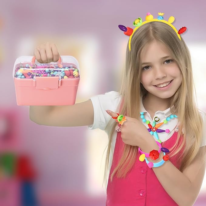 Jewelkeeper Bracelet Jewelry Making Kit for Girls - Arts and Crafts for Kids - Snap Pop Beads - Charm Bracelet Making Kit for Girls - DIY Necklace Hairband Bracelet Ring Earring - Gifts Toy Set - Pink