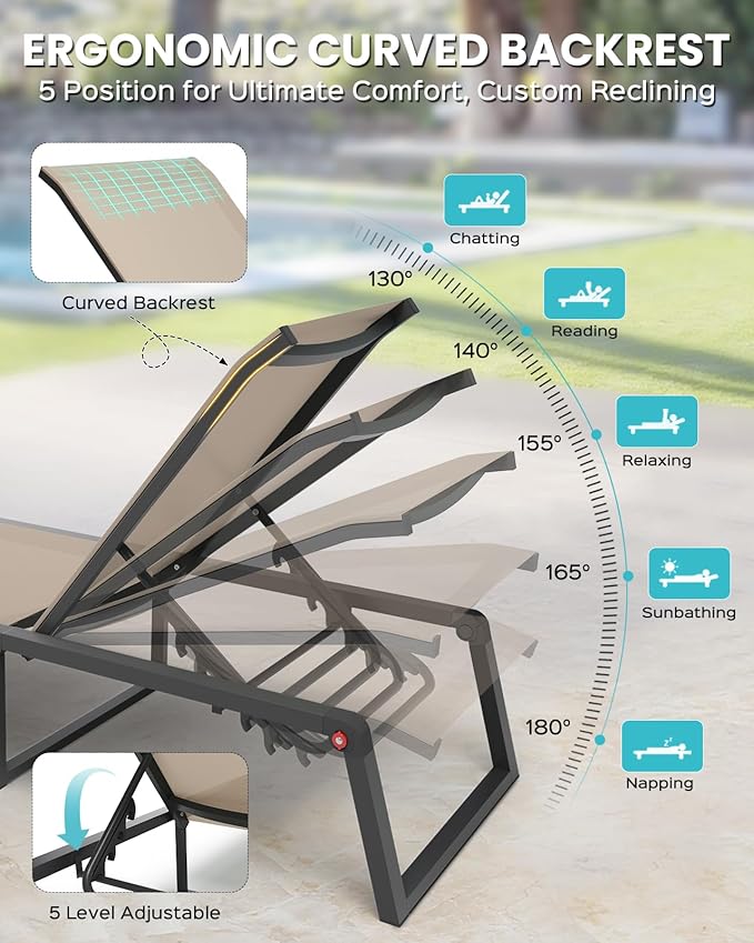 Aluminum Chaise Lounge Outdoor Set of 2, Foldable & Assembly Free Patio Pool Lounge Chairs 5-Position Recliner for Outside Poolside, Fully Grounded Legs Sun Lounger for Beach, Yard, Khaki