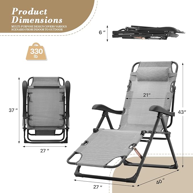 Athena Collection Zero Gravity Outdoor Lounge Chair Recliner, 27" Width Reclining Pool Lounge Lawn Chairs with Headrest and Curved Armrest, Outdoor Chaise for Beach Patio Backyard Outside, Grey