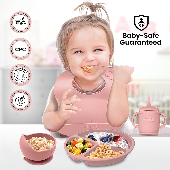 Silicone Baby Feeding Set - BPA-Free - Baby Led Weaning Supplies, Complete Kit toddler eating essentials – Empower Your Little One's Independence with LimOr's baby essentials 6-12 months (Pink)
