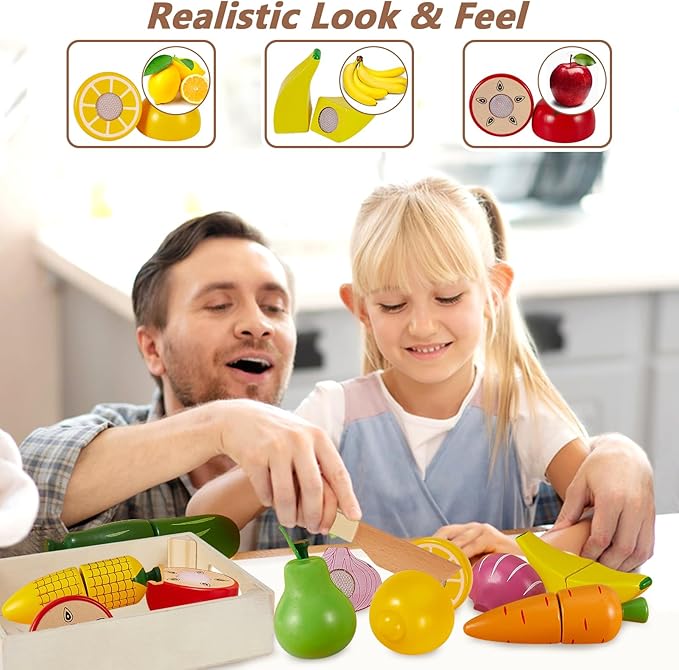HERSITY Wooden Play Food Set Cutting Fruits and Veggies Toys for Toddlers 1-3, Pretend Play Kitchen Accessories Montessori Educational Toys for Kids Boys Girls 18 Months+